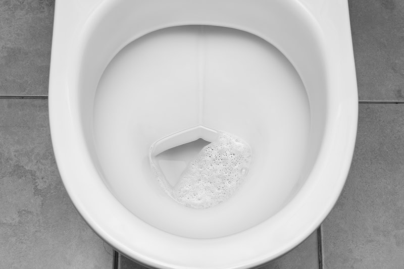 A black-and-white, top-down view shows the inside of a clean white toilet bowl.
