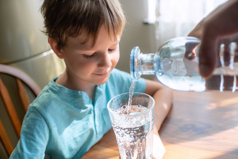 A young boy wearing a blue shirt smiles as fresh water is poured from a glass bottle into a drinking glass on a wooden table.
